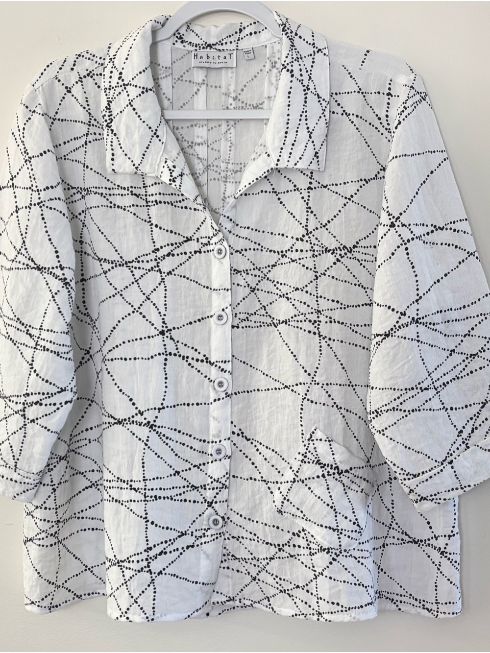Habitat White Button-Front Top with Black Dot-Stripe Print